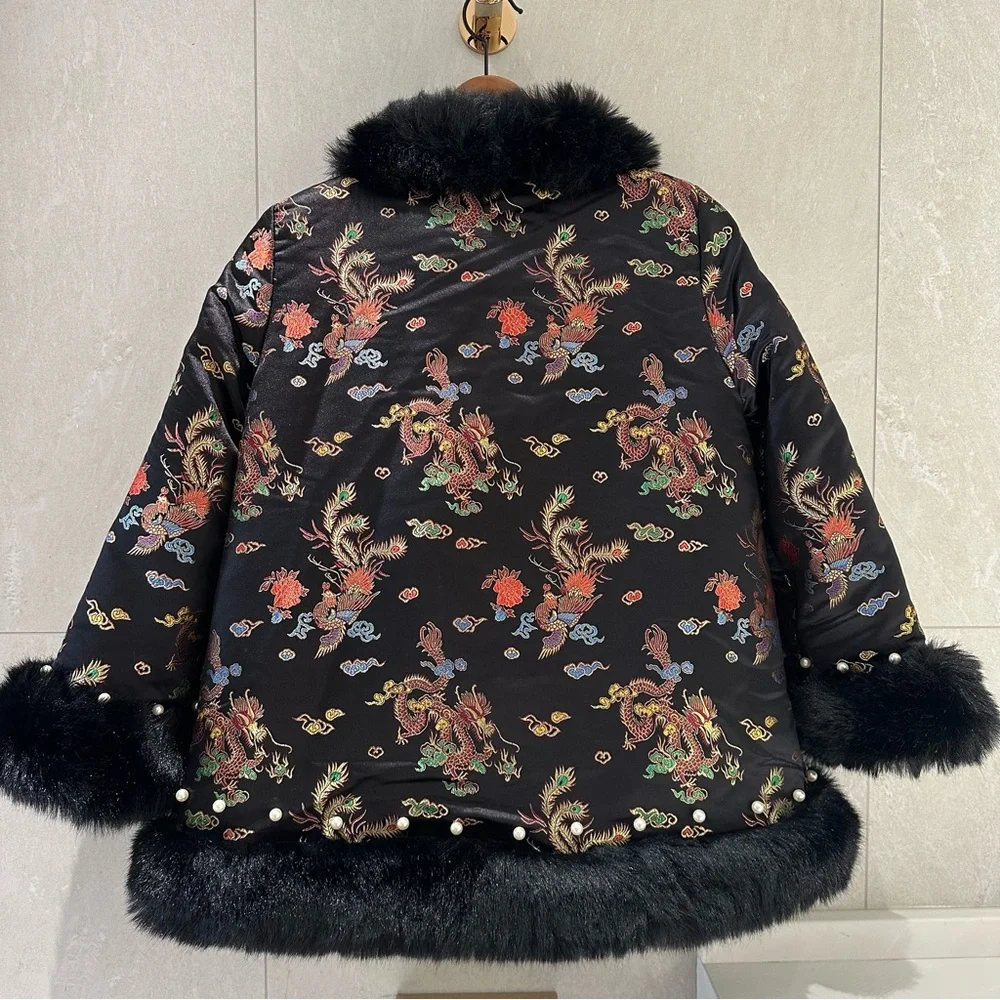 *SOLD* Vintage Oriental Satin Jacquard Cape Jacket w/ Pearl Beaded Faux Fur Trim - Picture 7 of 12